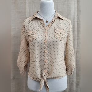 Pearl Orange Green Sheer 3/4 Sleeve Tie Front Button Up Blouse Size Large‎